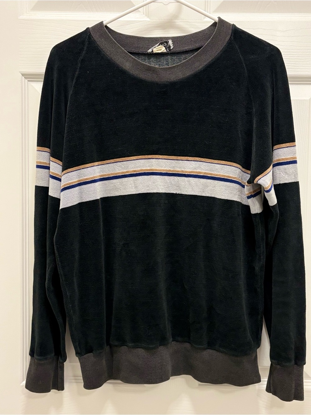 Vintage 70s Foley's Velour Striped Crewneck Sweatshirt Large Made in Israel